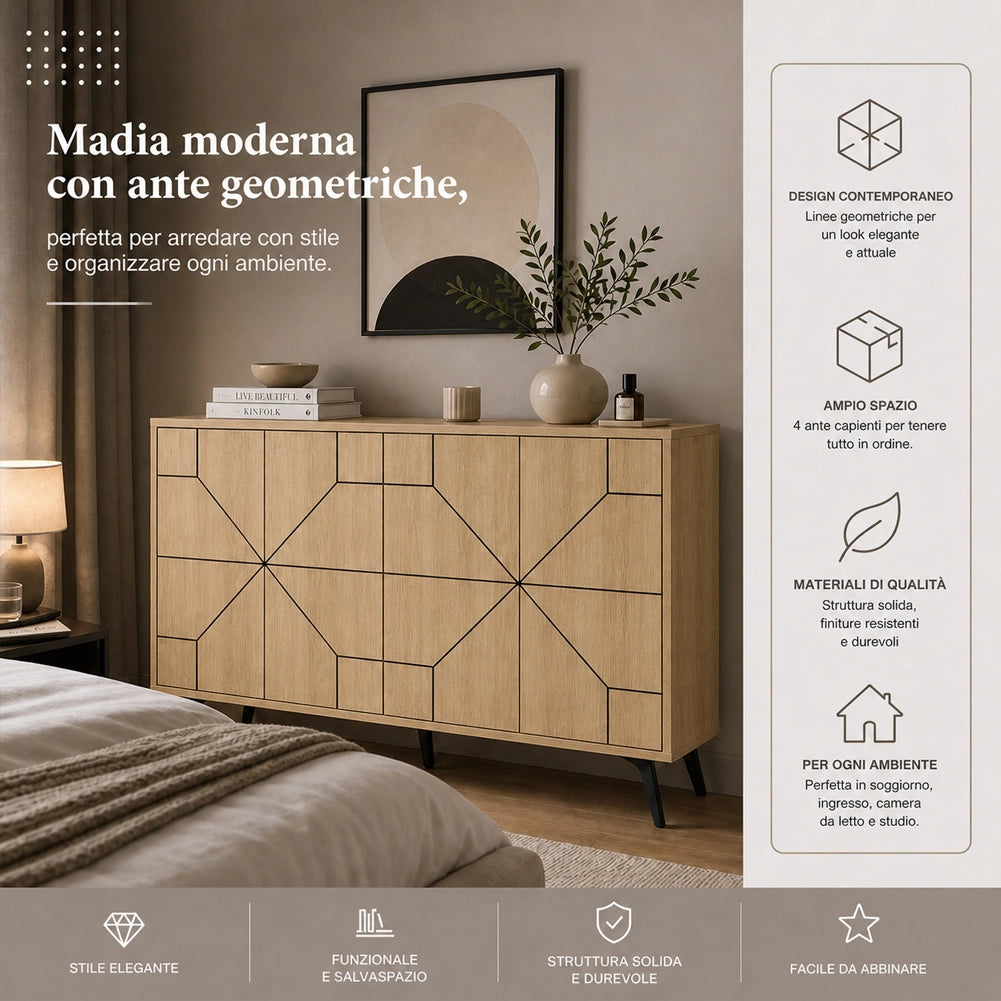 Madia con 4 Ante Credenza Design Geometrico Moderno in Legno 123x77 cm Quercia