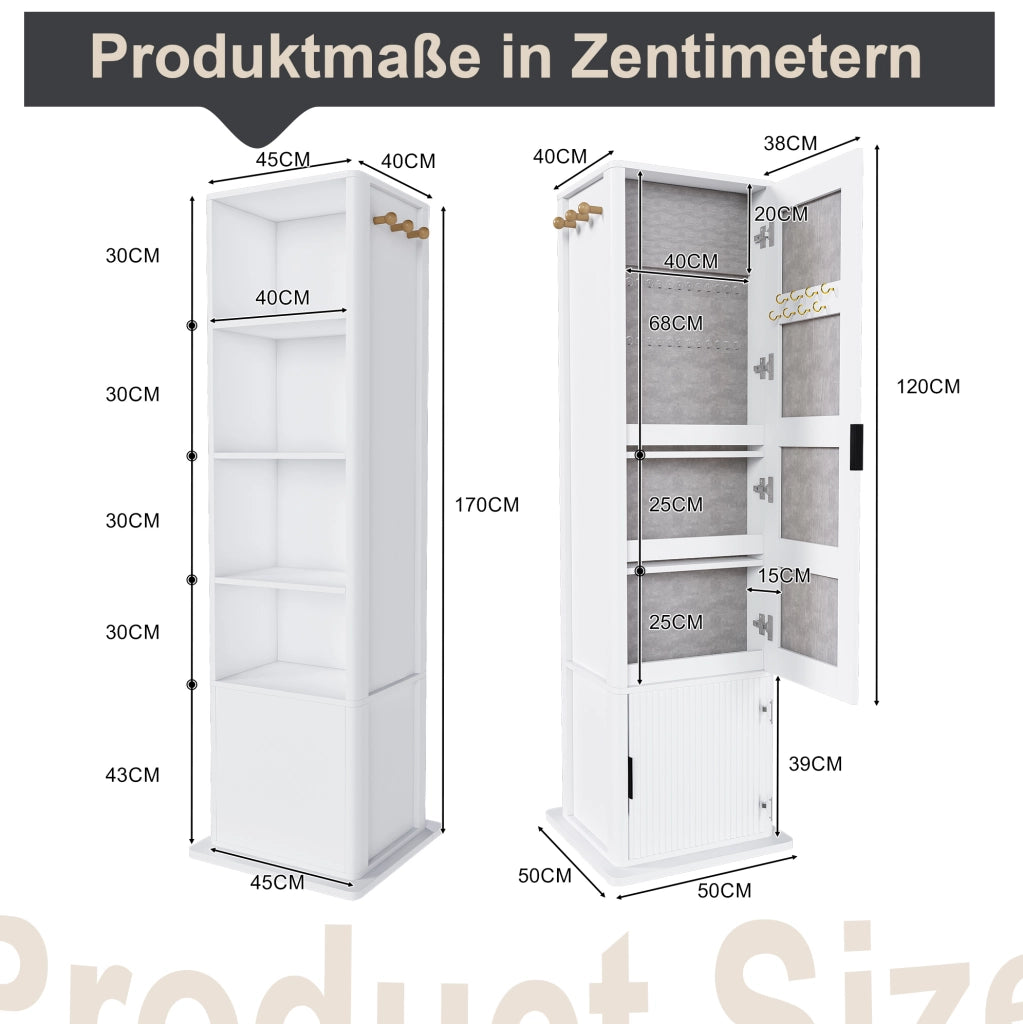 Armadio specchiera girevole a 360° 4 in 1 con specchio intero; ripiani e ganci; 50x50x170 cm; bianco