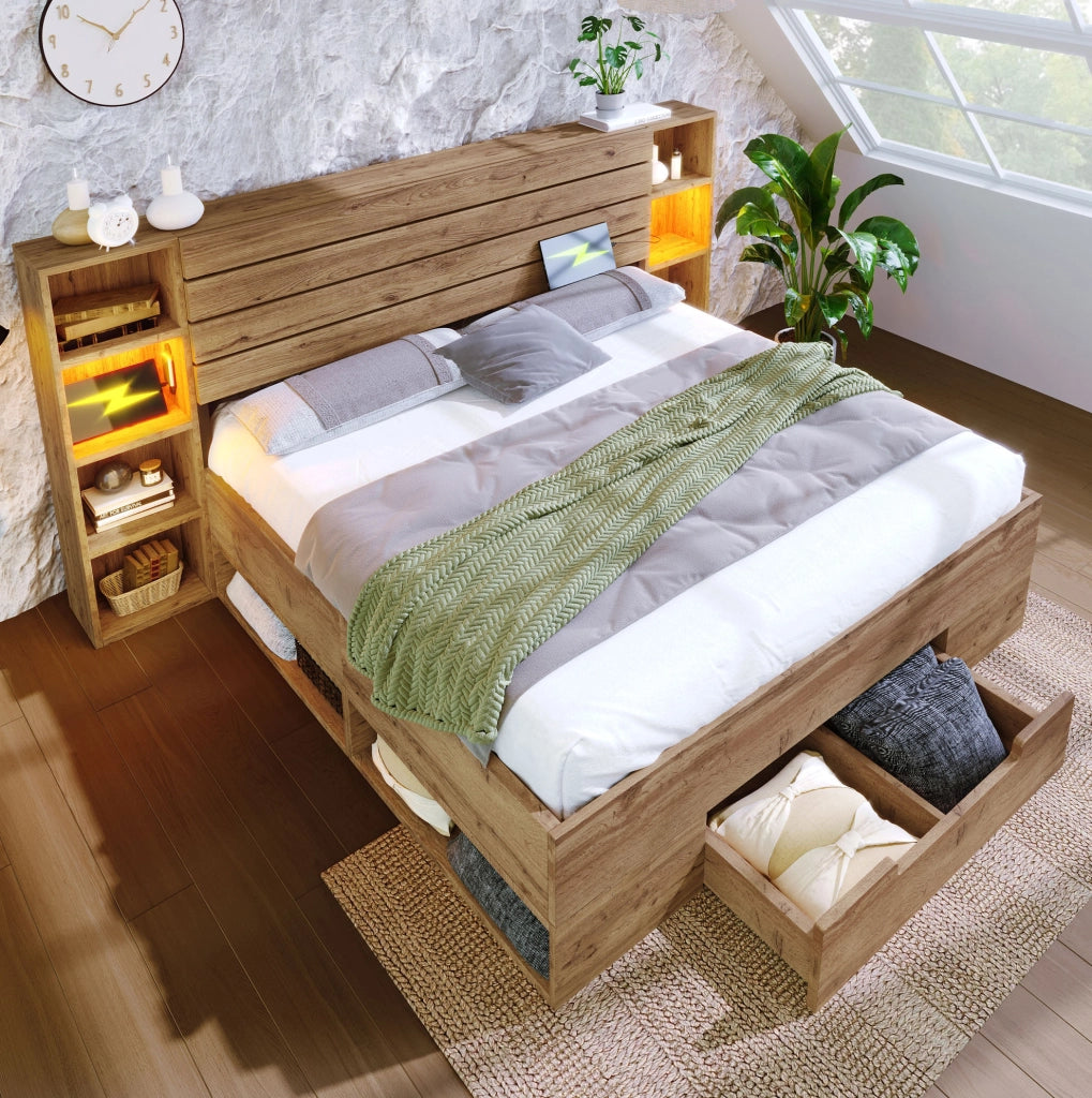 Letto matrimoniale 160 x 200 cm con LED, USB, cassetti e materasso