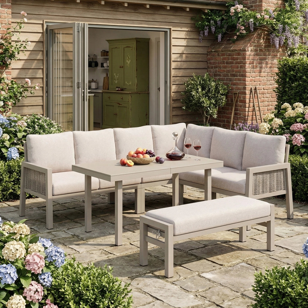 Set da Giardino 8 Posti con Tavolo e Divano ¨C MINIMAL ¨C Polyrattan PE, Piano in Vetro, Khaki