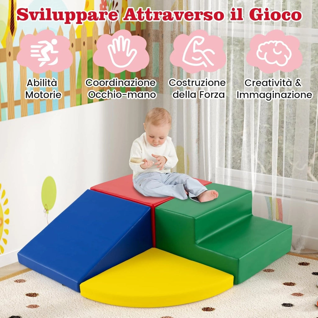 Set di Blocchi in Schiuma per Bambini 4 Pezzi, Set di Costruzioni Morbide in PU + EPE per Sviluppo dei Bambini, Gioco Attivo Interno per Arrampicarsi e Gattonare (Colorato)
