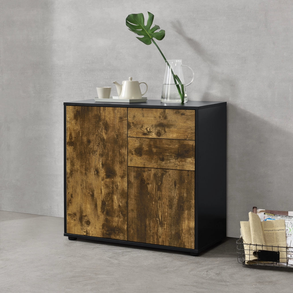 Comò con 2 ante e 2 Cassetti con Apertura Push-to-Open 74 x 79 x 36 cm Mobiletto Multiuso per Camera / Ufficio - Nero/Effetto Rovere Scuro