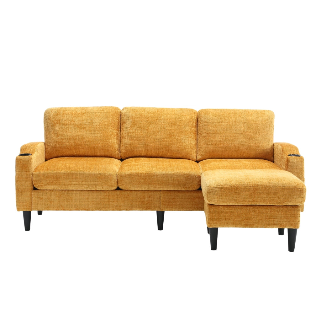 Divano 4 posti 196.5x75x77 cm con pouf contenitore; portabicchieri e tasche laterali in chenille gialla