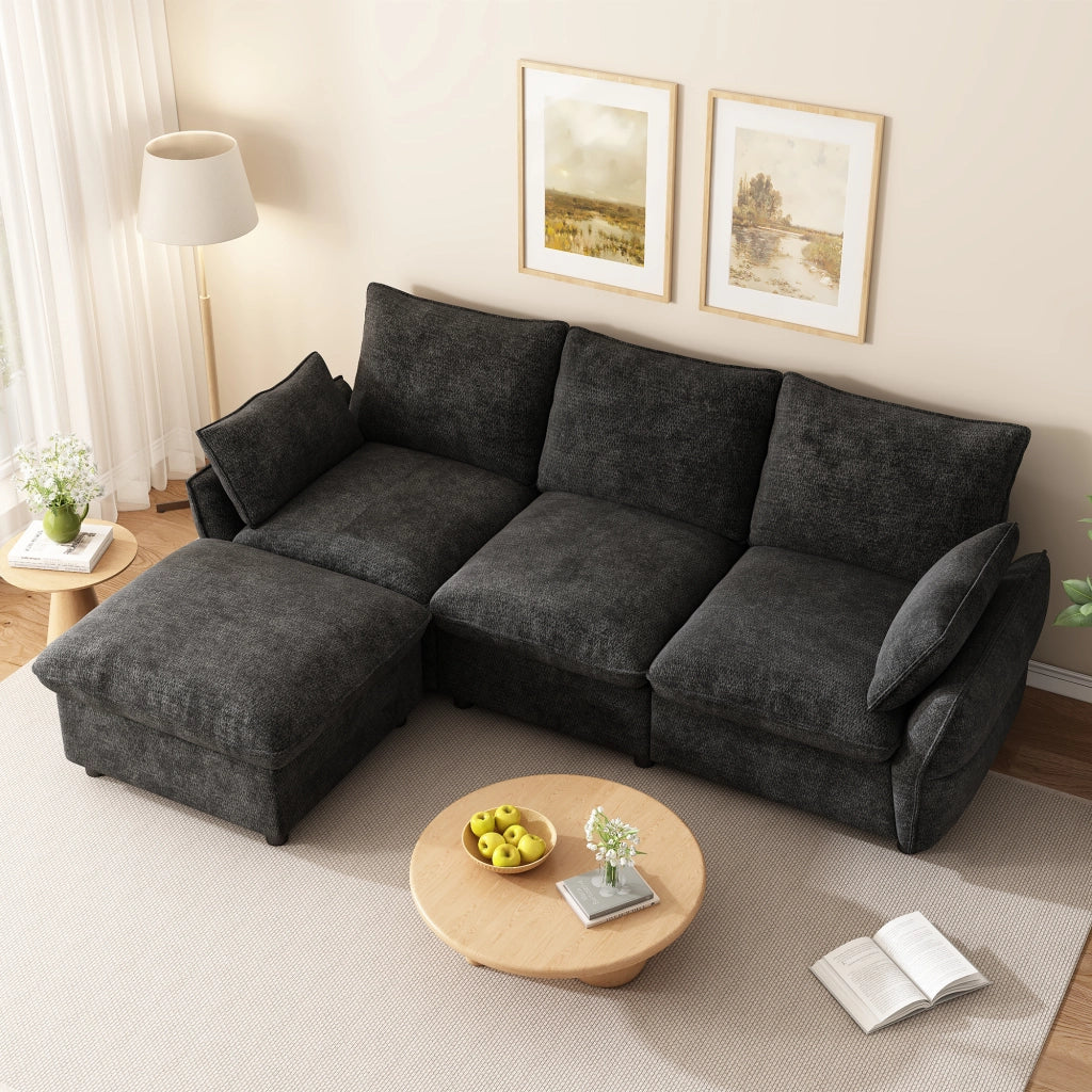 Divano angolare moderno in chenille con ottomana e 2 cuscini, 3 posti, grigio scuro, 222,5 ¡Á 154,5 ¡Á 76,5 cm
