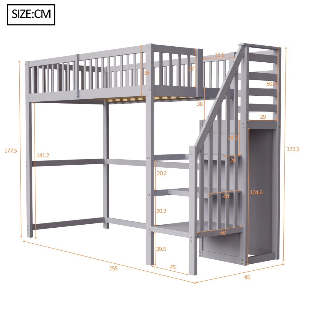 Letto a castello grigio con scala funzione contenitore in legno 90x200 cm