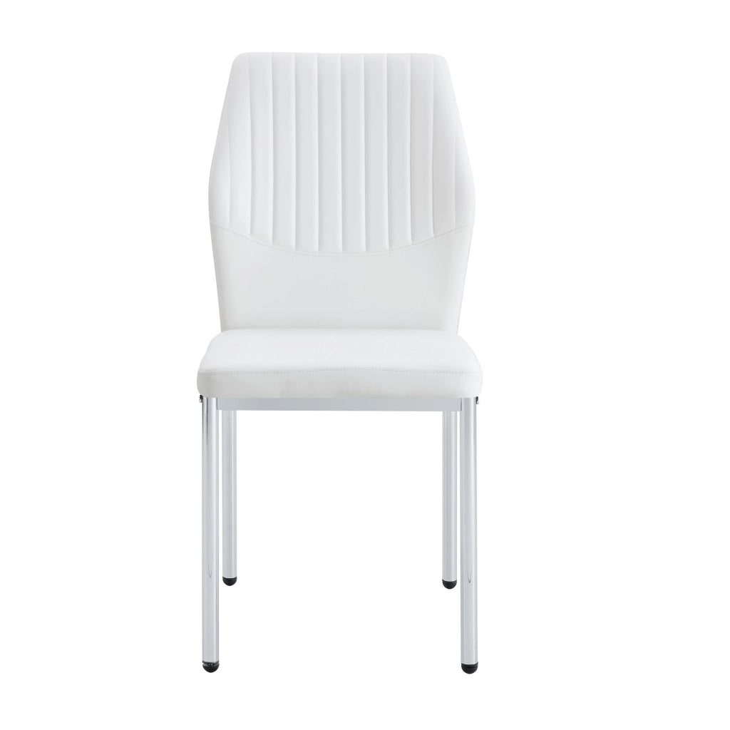Chaise da sala da pranzo in pu con schienale a coste e gambe in metallo, set da 4, bianco argento per soggiorno