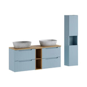Set VANO blu denim e quercia chiara 170cm : mobili sotto lavabo con cassetti e nicchie a vista + lavabi grigi + colonna