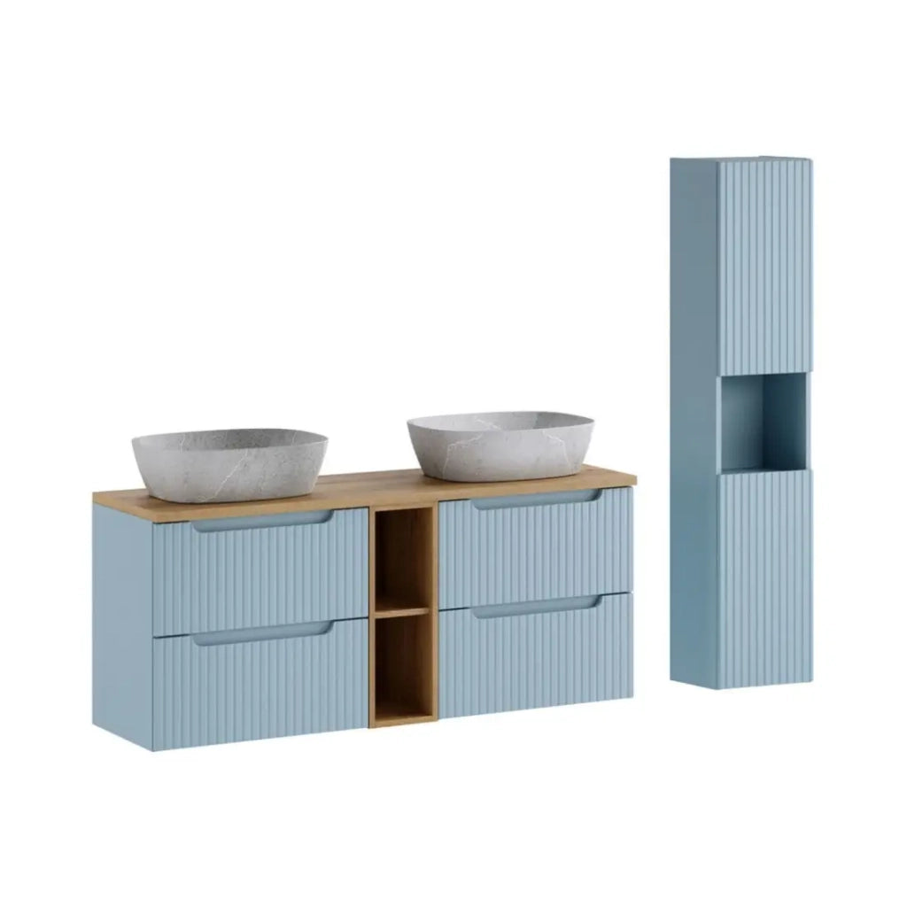 Set VANO blu denim e quercia chiara 170cm : mobili sotto lavabo con cassetti e nicchie a vista + lavabi grigi + colonna