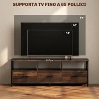 Mobile TV Industriale con 3 Cassetti e 3 Ripiani Aperti, in Legno e Acciaio, 147x40x50 cm, Nero e Marrone