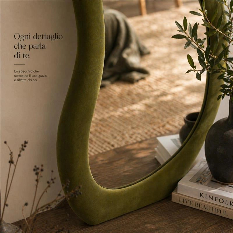 SPECCHIO ONDA IN VELLUTO VERDE CON PIEDE E GANCI PER APPENDERE MISURE: 60X160 CM