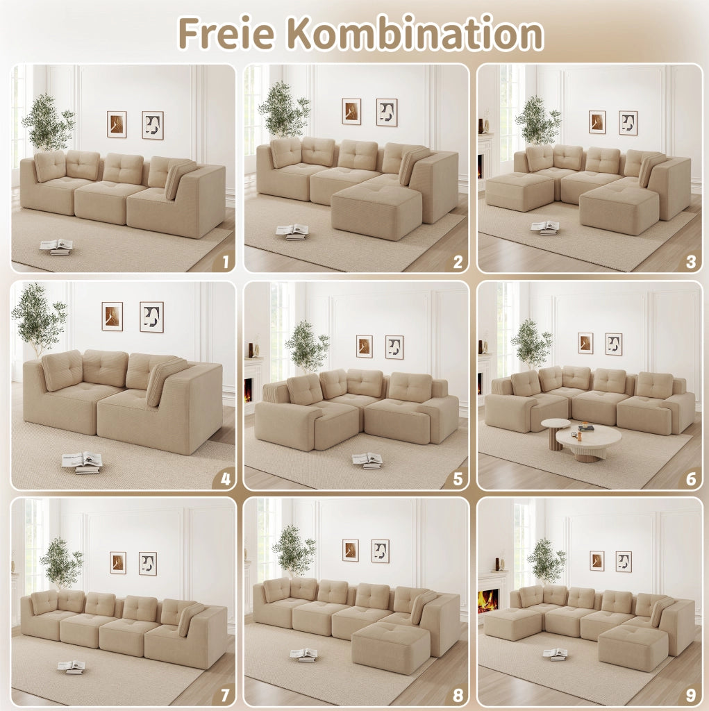 Divano angolare modulare 386x177x69 cm in velluto a coste beige; senza montaggio