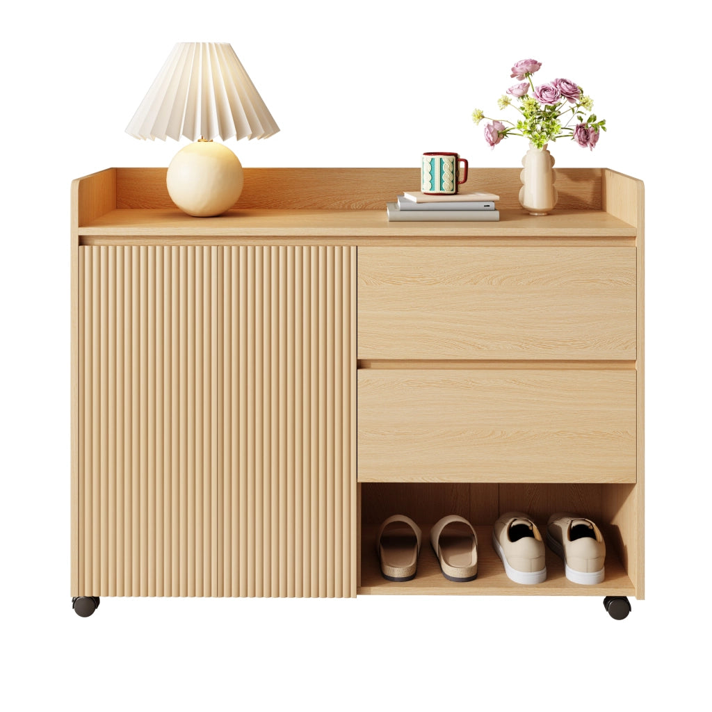 Mobile scarpiera con 2 Cassetti; Vani aperti; Ripiani regolabili e Ruote con Freno in MDF 110×35×86 cm Naturale