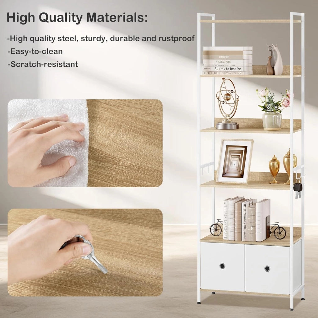 Libreria a 5 Piani con 2 Cassetti, Scaffale di Stoccaggio a Pavimento, Moderno, Struttura in Acciaio, Soggiorno/Ufficio/Studio/Cucina/Camera da Letto, Rovere Chiaro+Bianco, RGB62whe