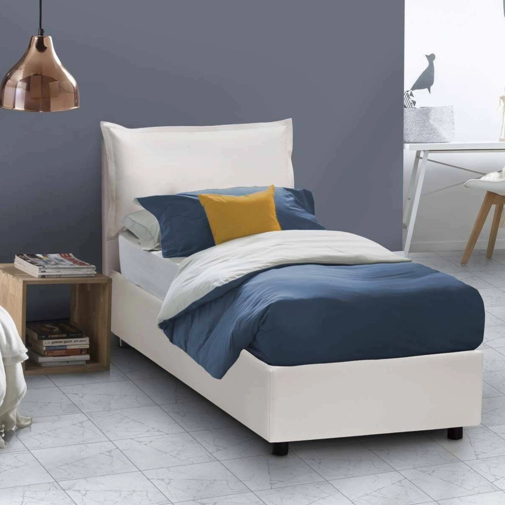 Letto singolo Delhi, Letto contenitore con rivestimento in ecopelle, Made in Italy, Apertura frontale, con materasso cm 80x200 incluso, Bianco