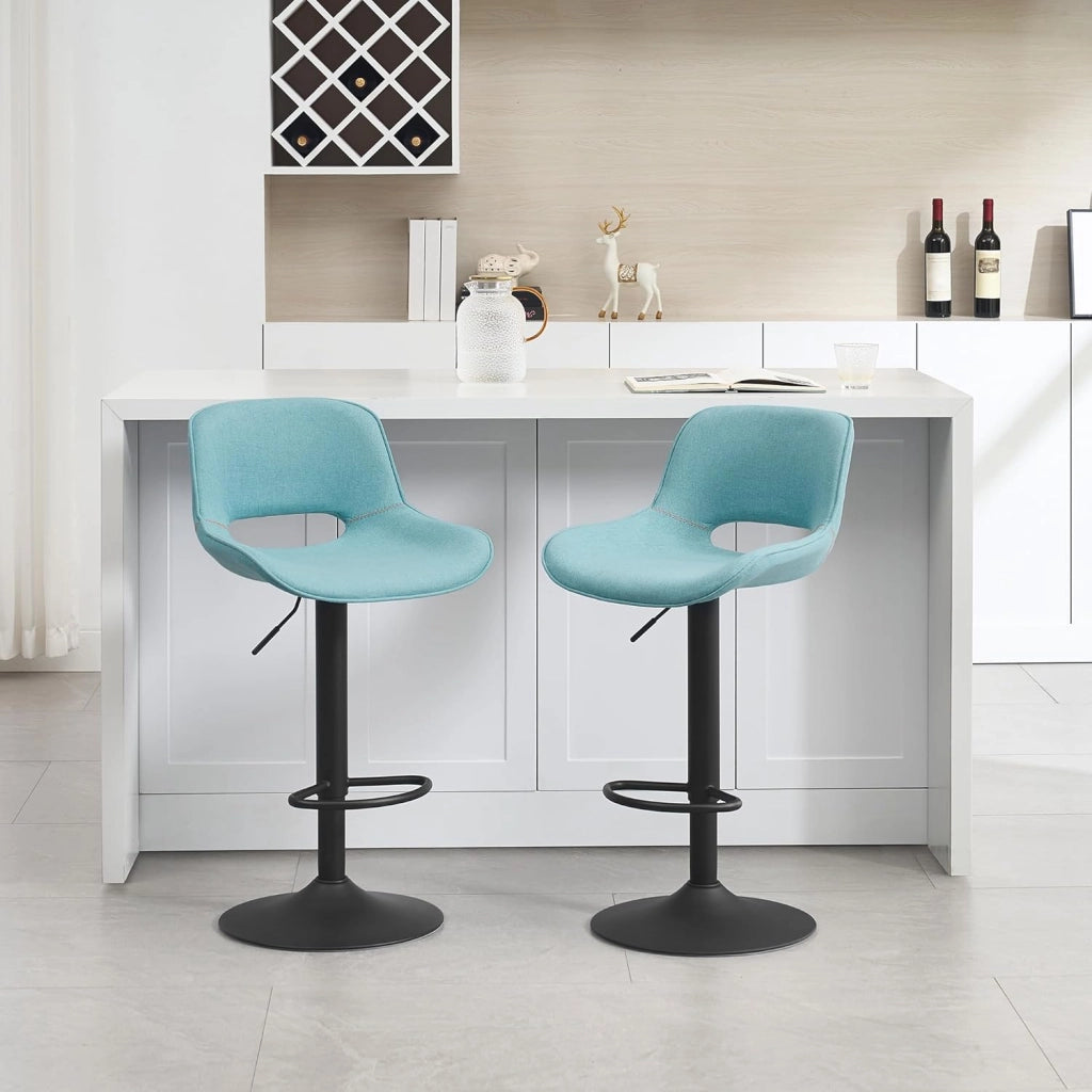 Set di 4 Sgabelli da Cucina, Sedia da Bar in Lino, Sgabello Regolabile in Altezza, con Schienale, Seduta Imbottita Girevole a 360°, per Bistrot, Pub, Base in Metallo, Blu, BH438bl-4