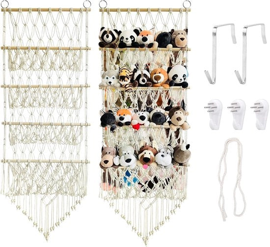 Cuscino di archiviazione 52 cm largo - Organizzatore macramé boho - Cassetto di archiviazione - Animale di peluche appeso - Cassetto di archiviazione per bambini - 4 piani - Opger - Cassetto di archiviazione per giocattoli