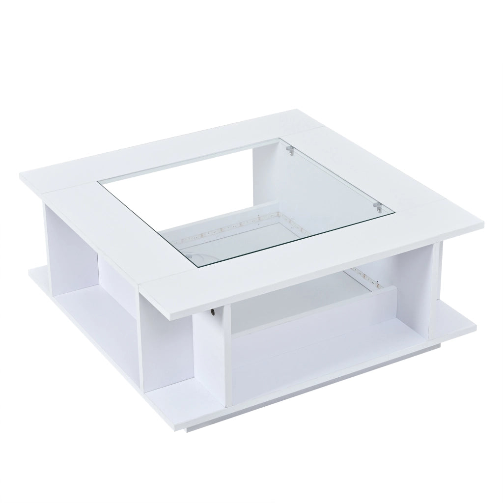 Tavolino da caffè quadrato con piano in vetro; LED; vani aperti e spazio laterale; bianco; 70 × 70 × 30 cm
