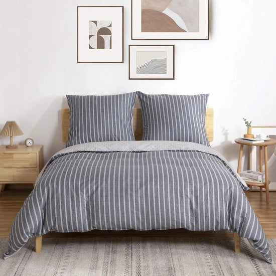 Set di lenzuola in cotone 200 x 200 cm, 3 pezzi, reversibili con strisce grigie, coperta morbida con cerniera a zip e 2 cuscini con copri cuscino 80 x 80 cm