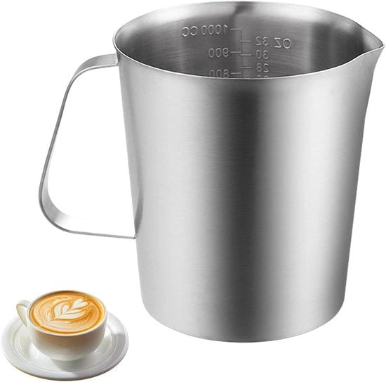 Bicchiere di Acciaio Inossidabile 1000 ml con Marcatura di Misura - Sfumettatore Manuale per Barista - per Cappuccino, Latte e Espresso