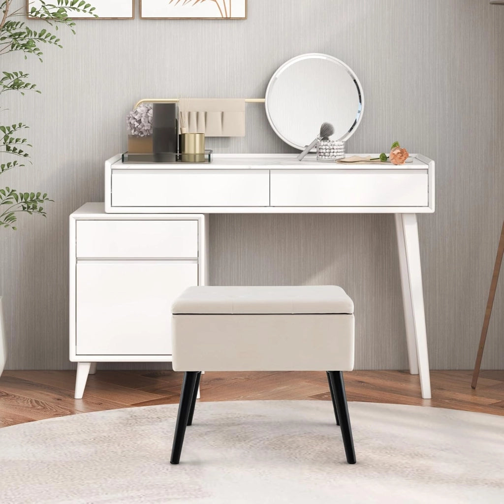 Sgabello in Velluto con Contenitore, Poggiapiedi per Soggiorno con Gambe in Legno Massello, Coperchio Ribaltabile, Sgabello per Cambiare Scarpe all’Ingresso (Beige)