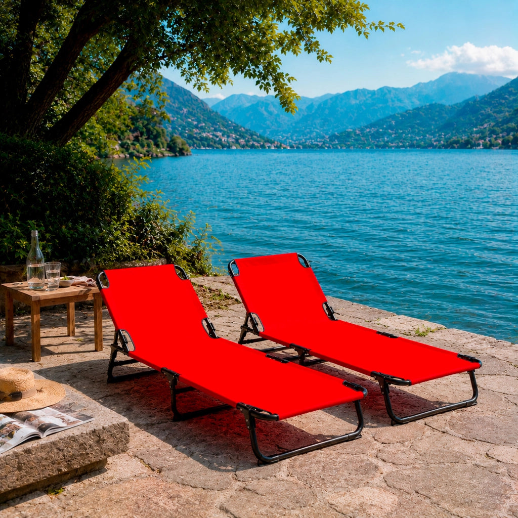Lettino Pieghevole Prendisole Senza Tettuccio Parasole Schienale Reclinabile Regolabile Struttura In Metallo Nero Sedia Sdraio Per Spiaggia Mare Giardino Piscina 187 x 53 x 24 Cm (Rosso)