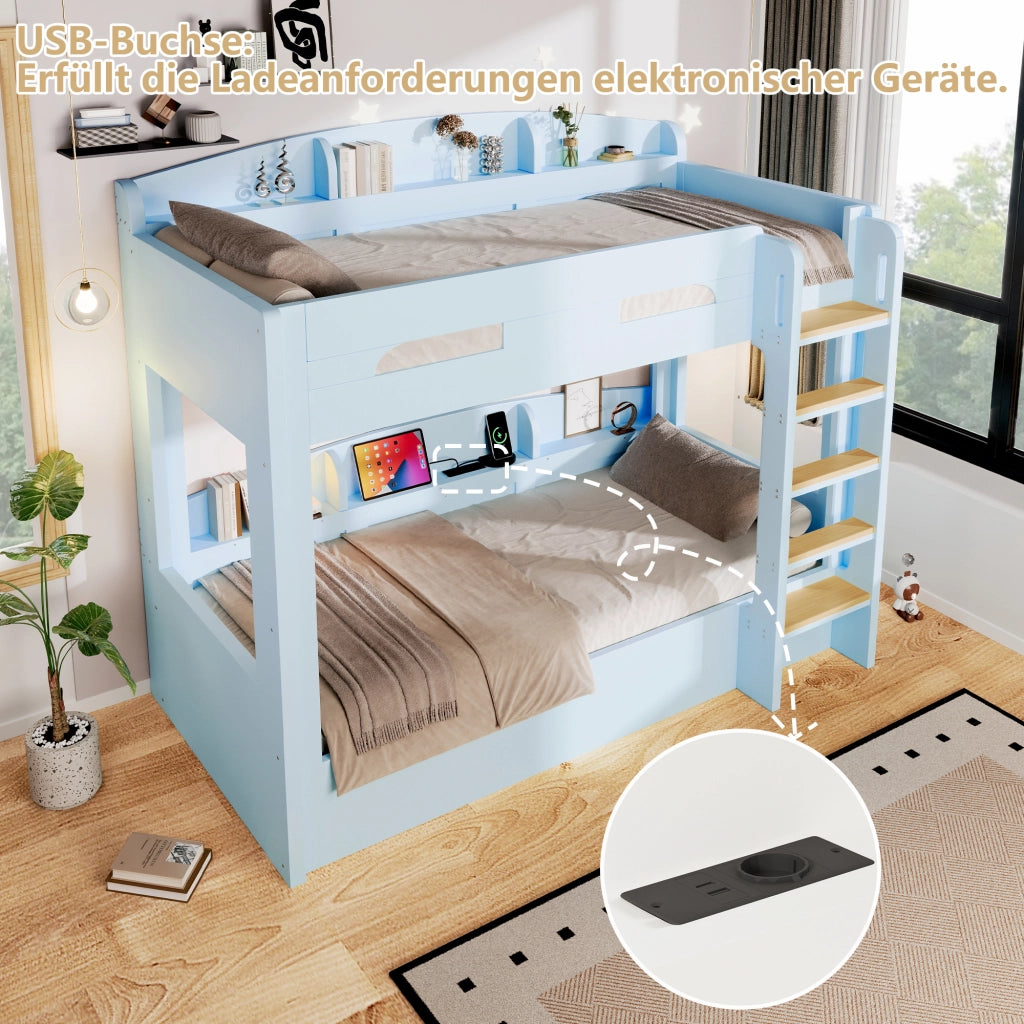 Letto a castello con porta USB e ripiani laterali 90 × 200 cm in legno e MDF blu chiaro per camerette