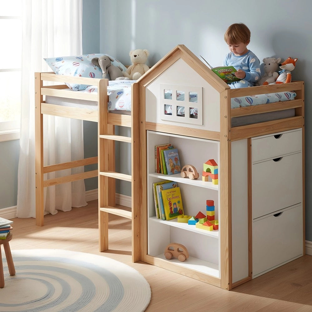 Letto a Soppalco per Bambini con Cassetti e Scala ¨C Xylo ¨C Bianco/Naturale, Pino/MDF/Multistrato, 90x200