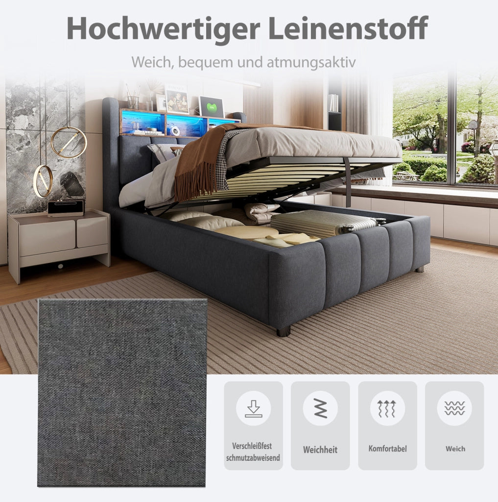 Letto imbottito 90x200 cm con LED; USB e vano contenitore; grigio; con materasso