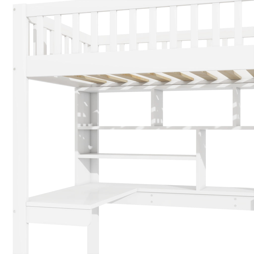 Letto a soppalco 90×200 cm con luce ambientale; scala con ripiani; scrivania; senza materasso; bianco