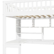 Letto a soppalco 90×200 cm con luce ambientale; scala con ripiani; scrivania; senza materasso; bianco