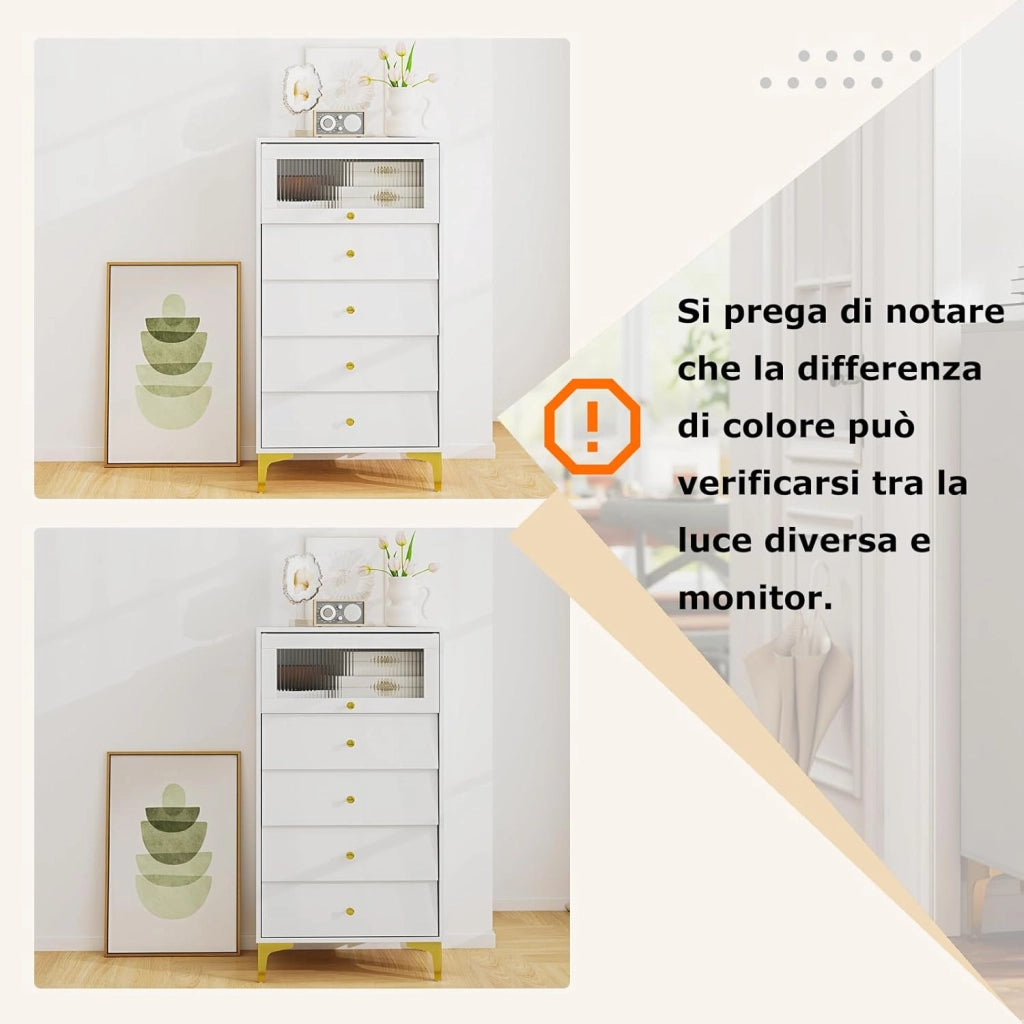 Cassettiera Camera da Letto con 4 Cassetti, Comodino Salvaspazio con Scomparto con Vetrina Ribaltabile, Mobile per Soggiorno Ingeresso e Studio, 60 x 40 x 112,5 cm, Bianco
