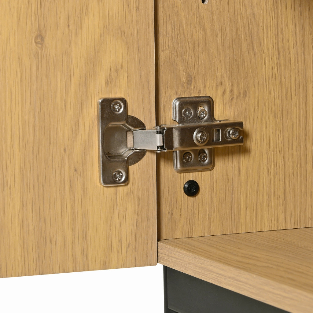 Sideboard moderno con 2 ante e 3 cassetti, struttura in truciolare con gambe in metallo, colore Natural, 140x40x75 cm