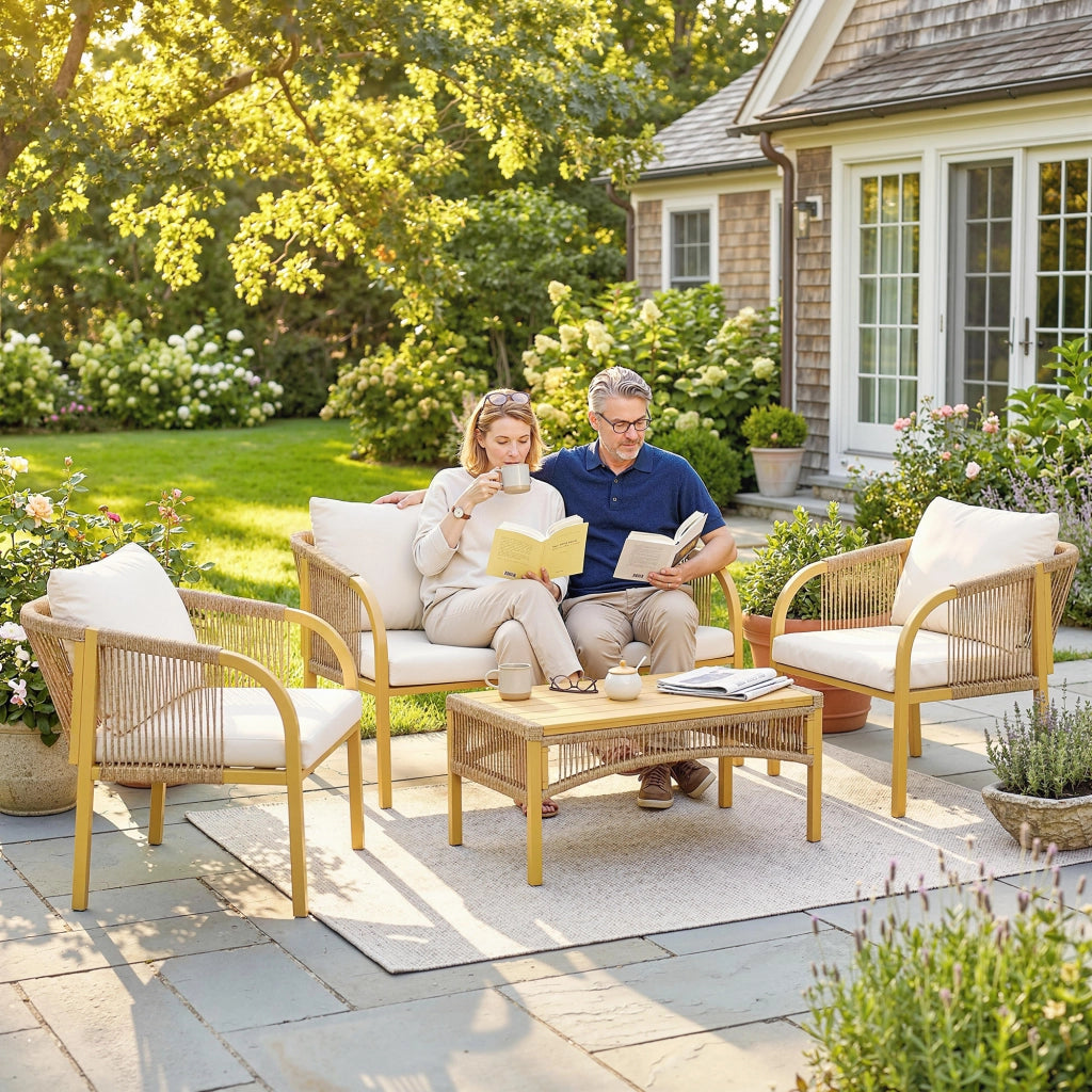 Set da Giardino 4 Pezzi con Divano 2 Poltrone Tavolino Cuscini ¨C zephmum ¨C Resina Intrecciata Grigio Verde 120x72x73cm