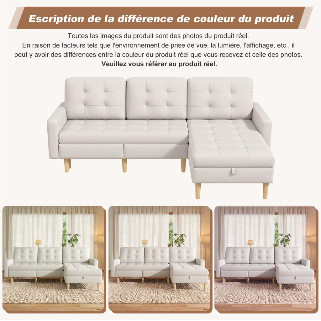 Divano ad angolo reversibile con vano contenitore, 3 posti, in tessuto, Beige 212 × 130 × 86 cm