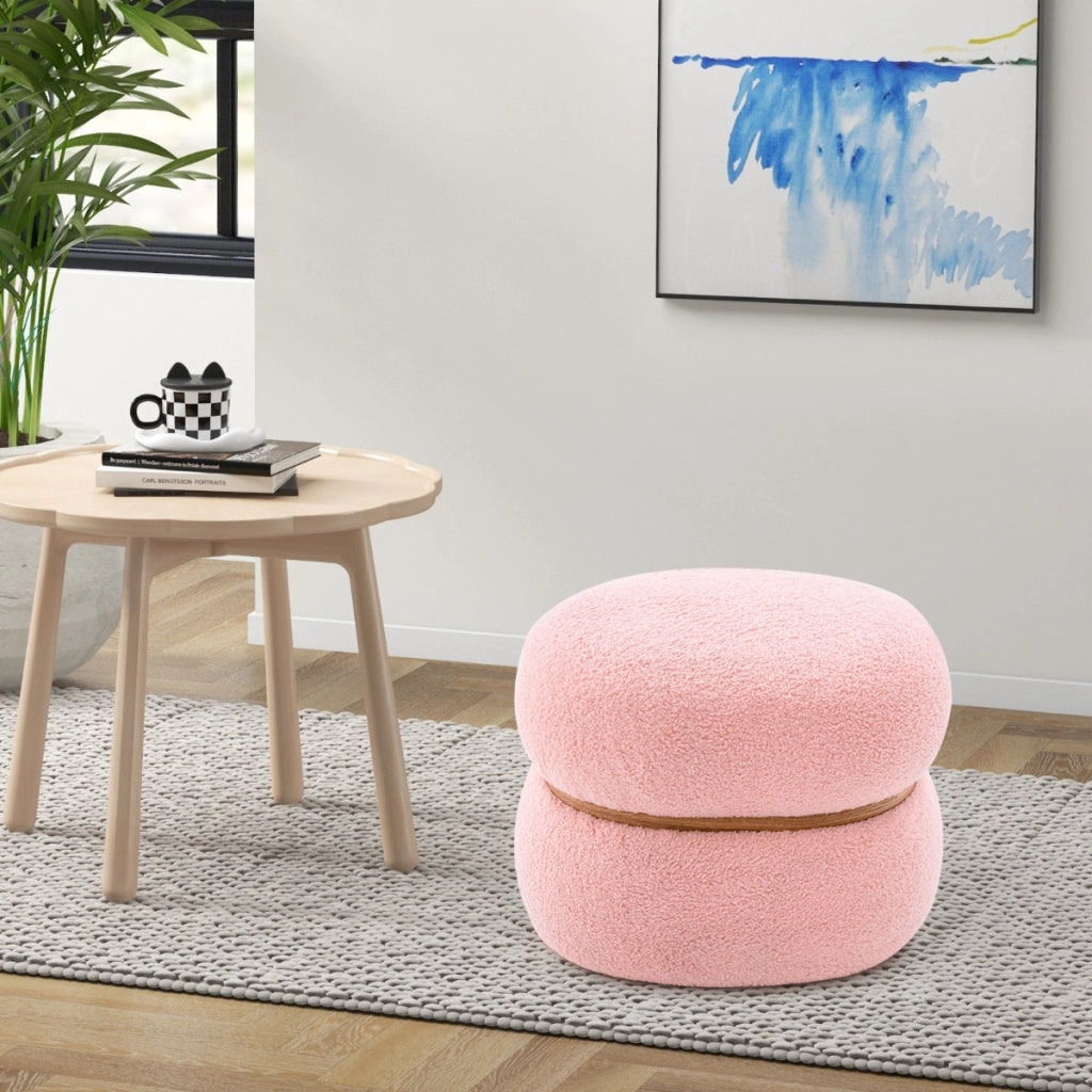 Ottomano ovale da 35cm con seduta imbottita e anello di legno piedini antiscivolo, Poggiapiedi con portata di 150kg Rosa-Sgabelli