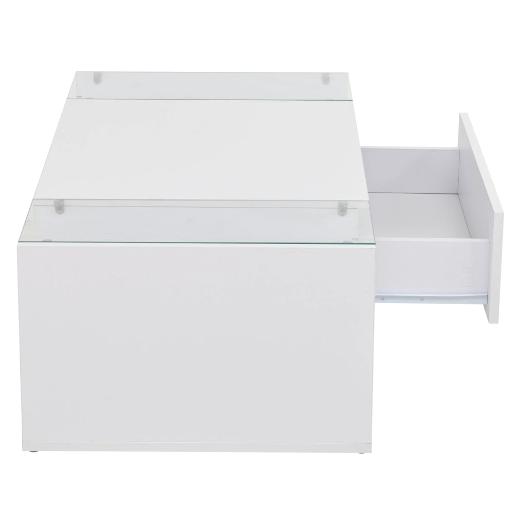 Tavolino da salotto quadrato 100 x 50 x 31 cm con 1 cassetto; LED e vetro temperato bianco lucido
