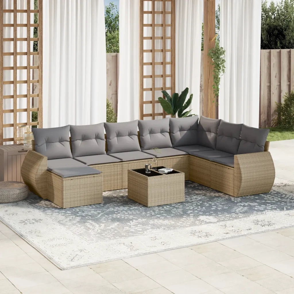 Set Divano da Giardino 9 pz con Cuscini Beige in Polyrattan 3221768