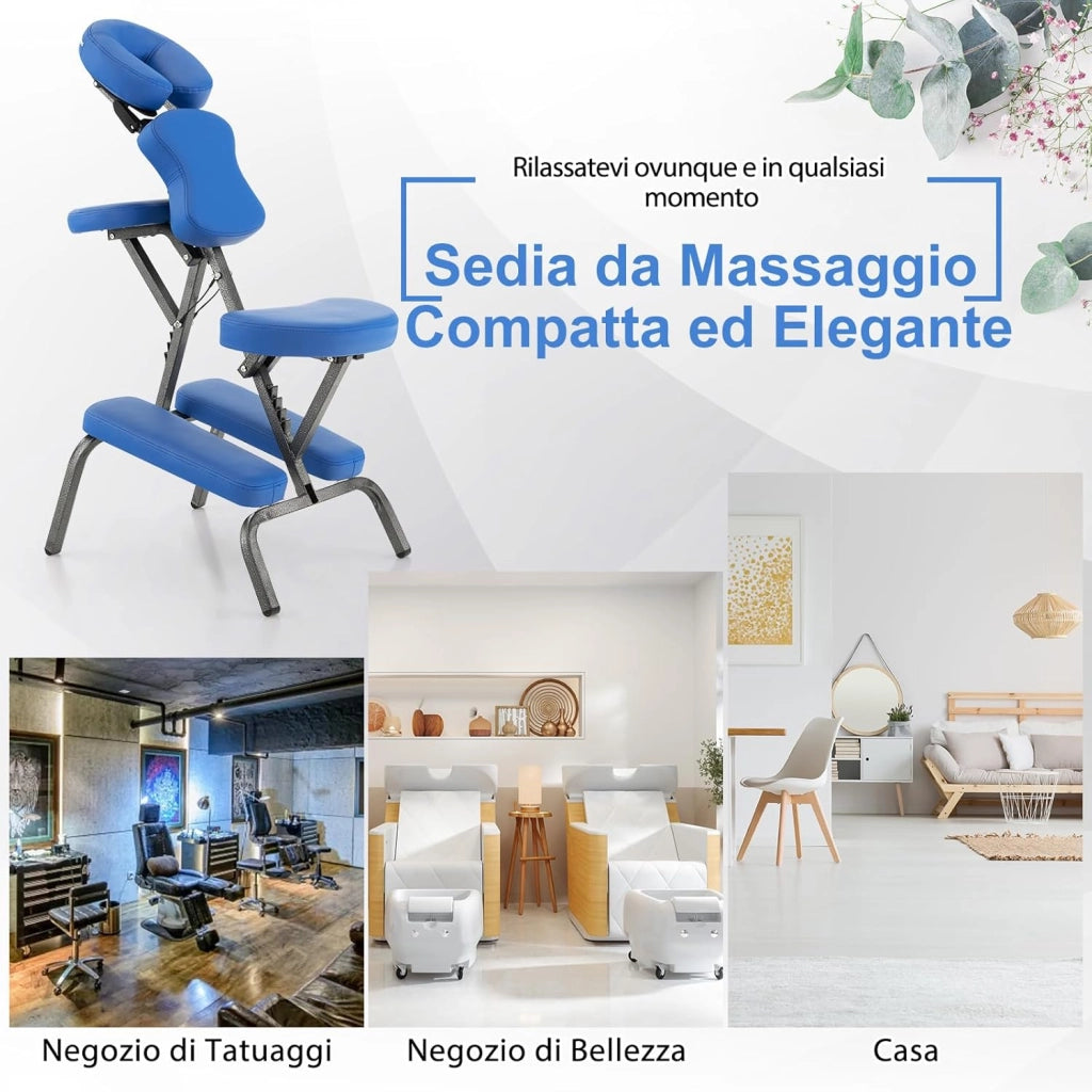 Sedia da Massaggio Pieghevole e Leggera, per Viaggi Tatuaggi e SPA, Sedia da Massaggio con Altezza Regolabile con Poggiatesta e Borsa da Trasporto (blu)