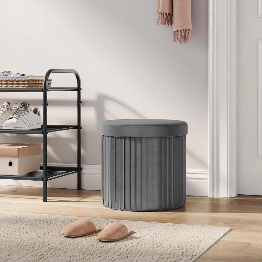 Pouf Sgabello con Contenitore Rotondo, Poggiapiedi per Divano, Pouf Basso Pieghevole, per Soggiorno, Camera da Letto, in Velluto, φ38xH36cm, Grigio Scuro