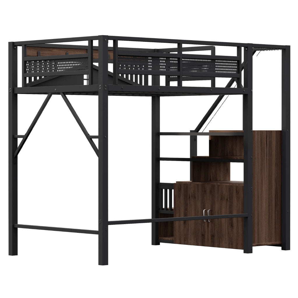 Letto a soppalco in metallo 140x200 cm con scale laterali; sponda finestrata e contenitore; nero