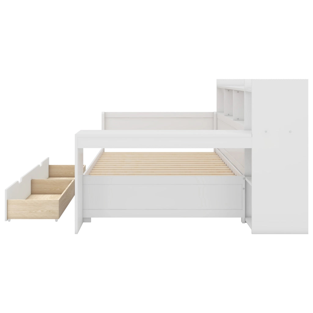 OKWISH Letto a Divano 90×200 cm, Letto Singolo con Presa, USB, 2 Cassetti, Scrivania e Mensole, senza Materasso, Bianco
