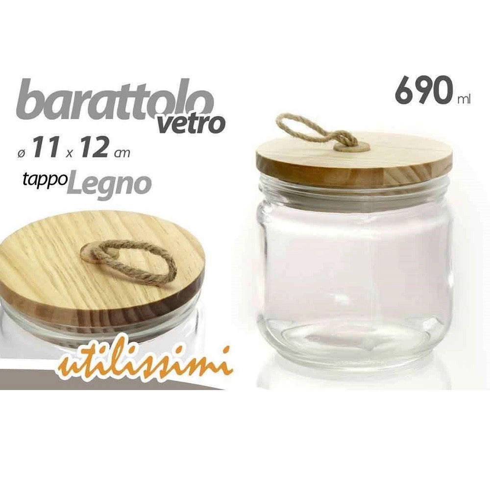 Trade Shop - Barattolo Ermetico Tappo Legno In Vetro Contenitore Cucina 690 Ml 11x12cm 731068 -