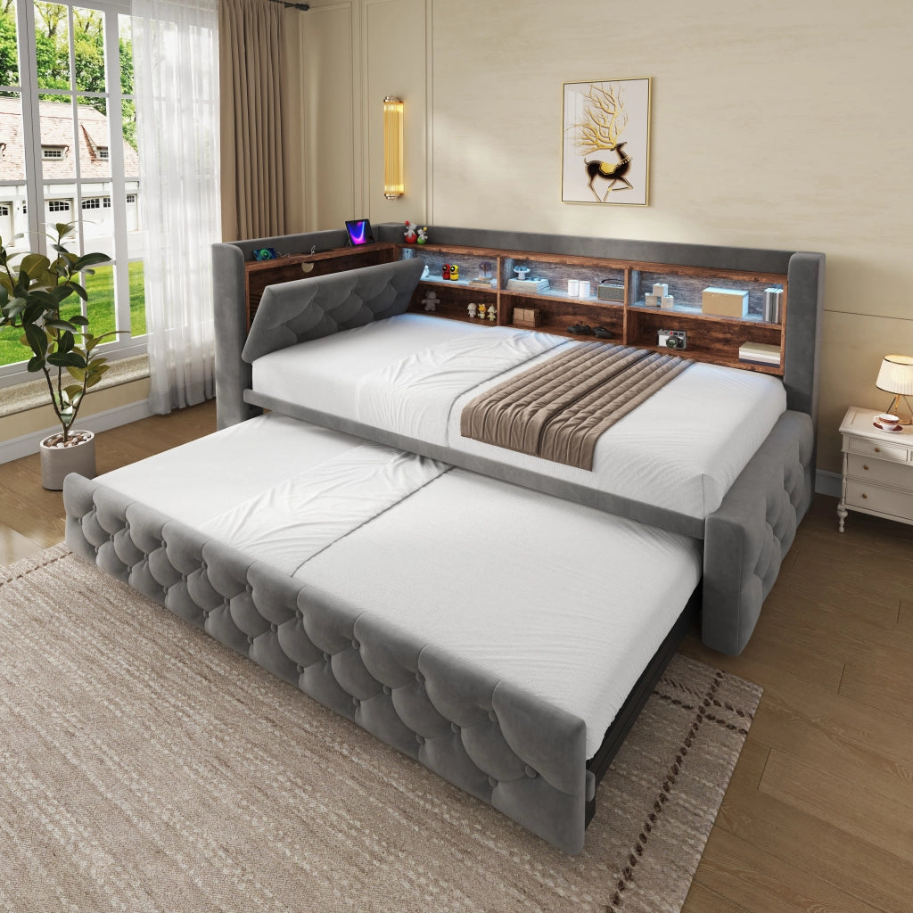 Letto divano singolo 90 × 190 cm estraibile, contenitore, LED, USB e Type-C, senza materasso, grigio