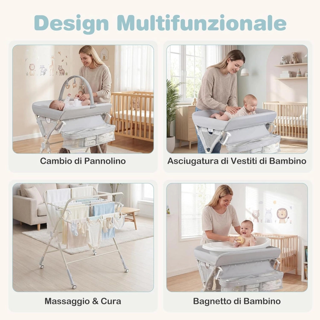 Fasciatoio Pieghevole per Bambini, Fasciatoio Portatile con Ruote, Altezza Regolabile, Piattaforma Rimovibile, con Barra Giocattoli, Stendino, Misuratore, Cestini, Portata 25 kg