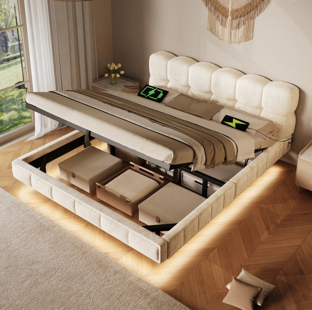 Letto imbottito 140x190 cm con contenitore idraulico, LED, USB e Type-C beige