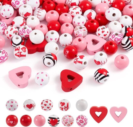 Set di perline in legno con forme cuore e rotonde - 180 pezzi - creazione di gioielli DIY