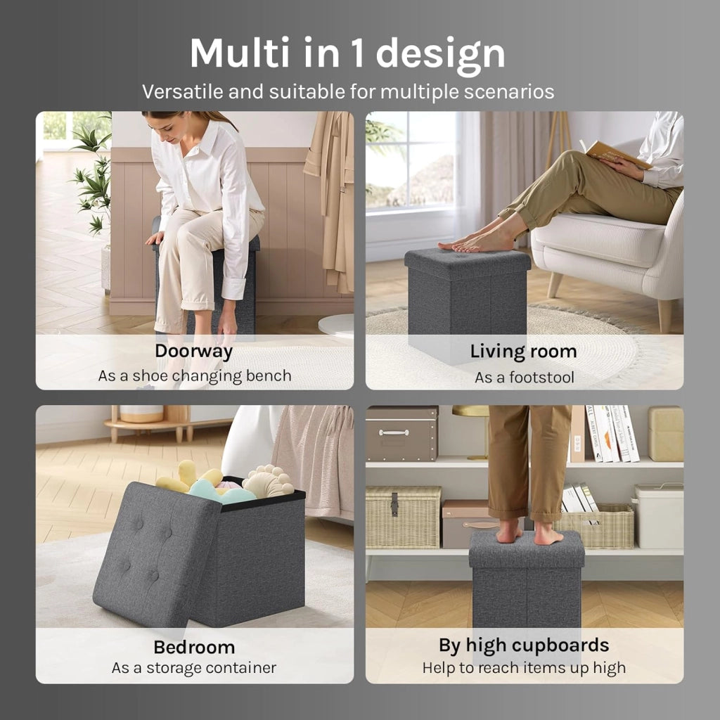 Pouf con Contenitore, Puffo Pieghevole con Coperchio, Poggiapiedi Divano, Cubo Seduta con Ripiano, per Soggiorno o Camera da Letto, 30x30x30 cm, Grigio Scuro