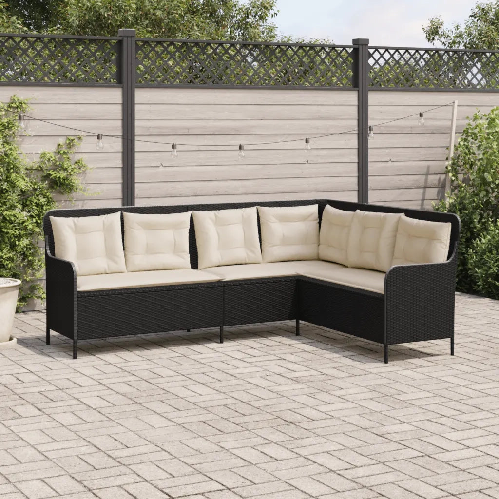 Divano da Giardino a L con Cuscini Nero in Polyrattan