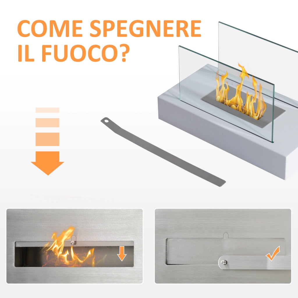 EasyComfort Camino a Bioetanolo da Tavolo 830 W Bruciatori senza Residui Inodore In Acciaio Inox con Vetro 35x18x21 cm Bianco