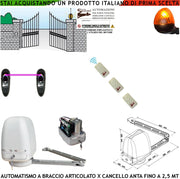 CANCELLO ELETTRICO KIT MOTORE A BRACCIO ARTICOLATO 230/24 V ANTA BATTENTE DA 0,5 A 2,5 MT CENTRALE 3 RADIOCOMANDI FARO FOTOCELLULE
